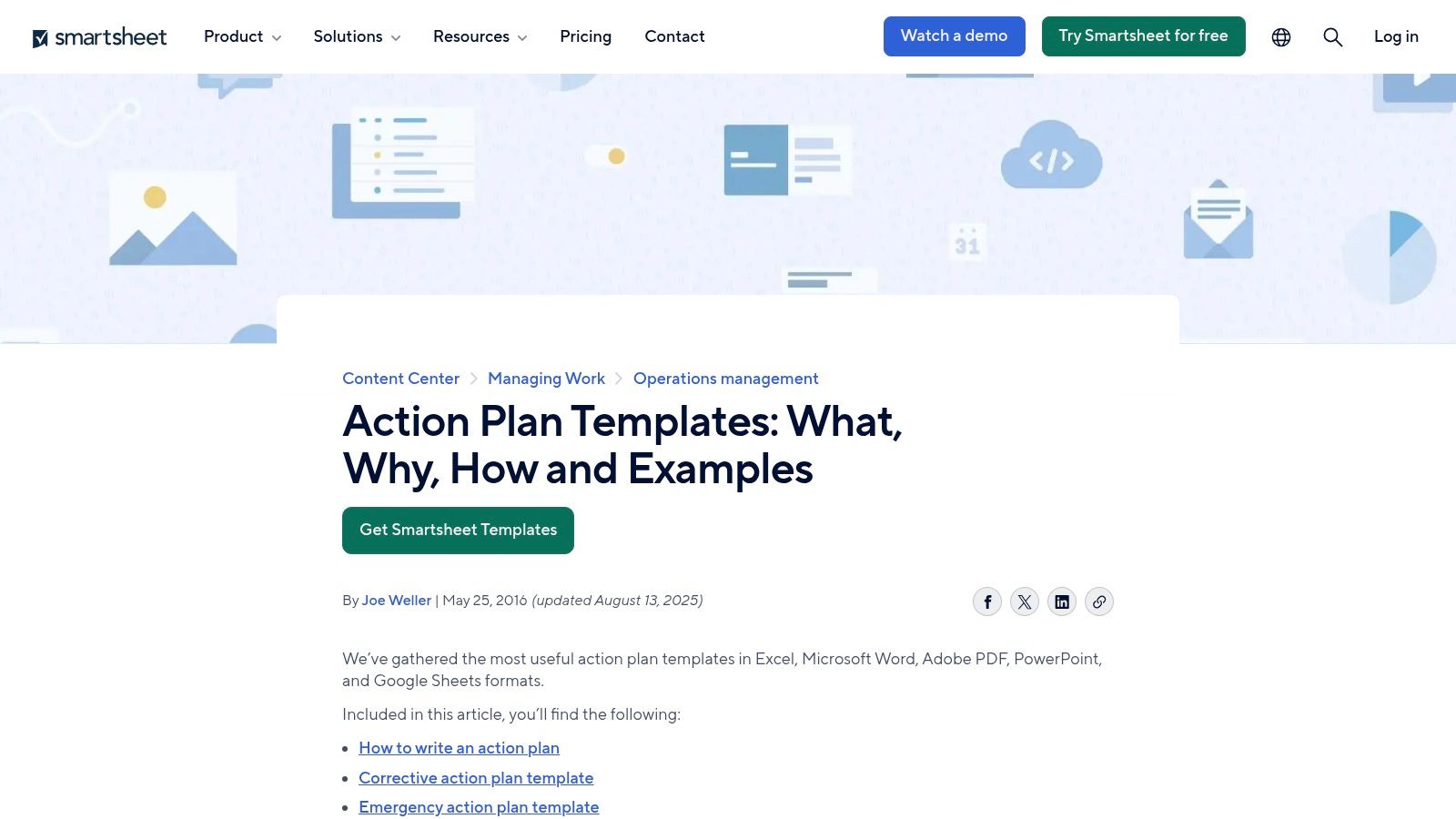 A preview of an action plan template within the Smartsheet platform.