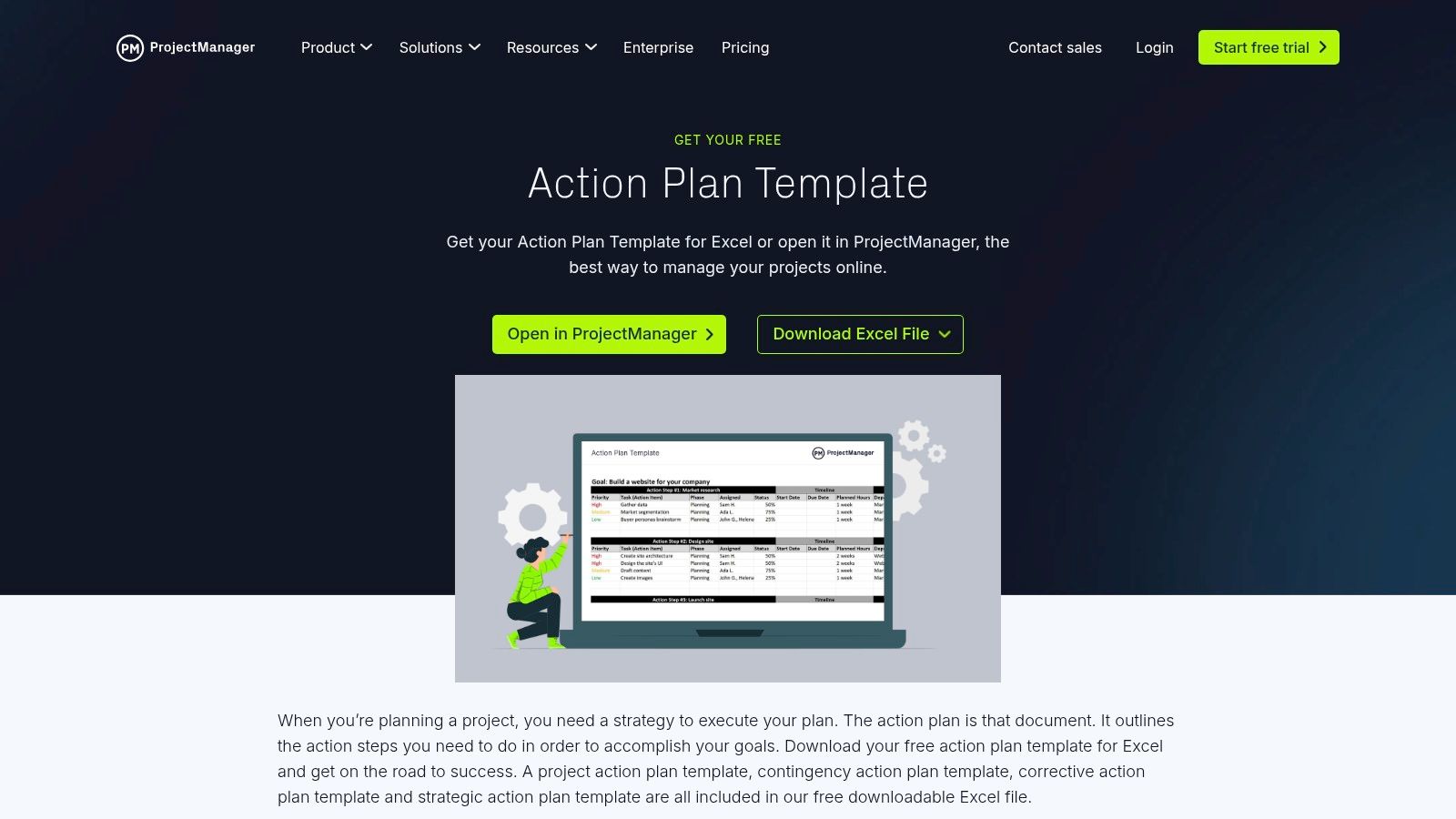 ProjectManager's template download page showing the free action plan template in Excel format.