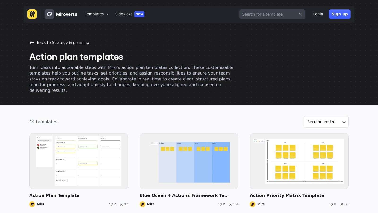 Miro's action plan template showing a visual, card-based layout on a collaborative whiteboard.
