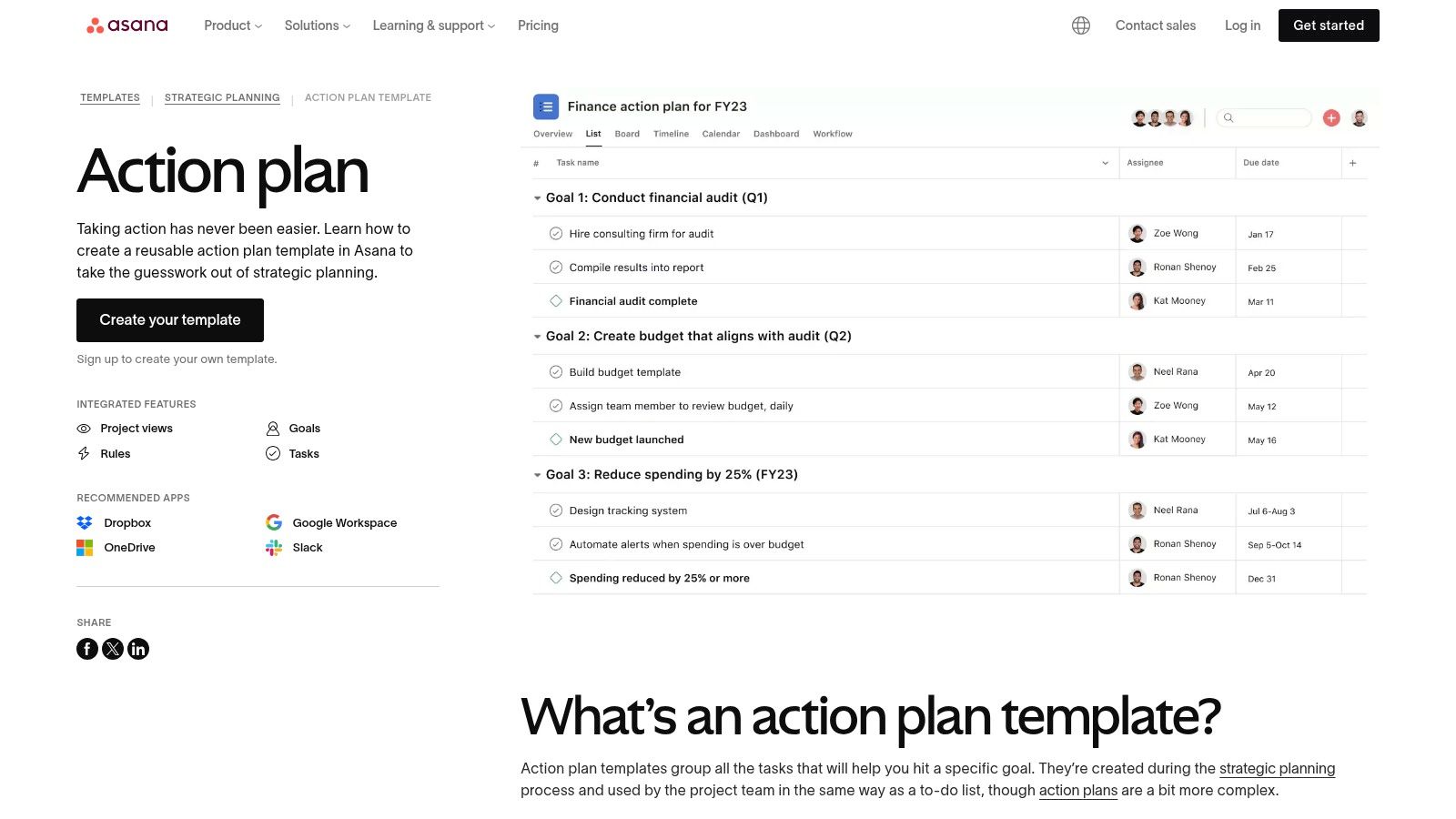 Asana's action plan template displayed within its project management interface.