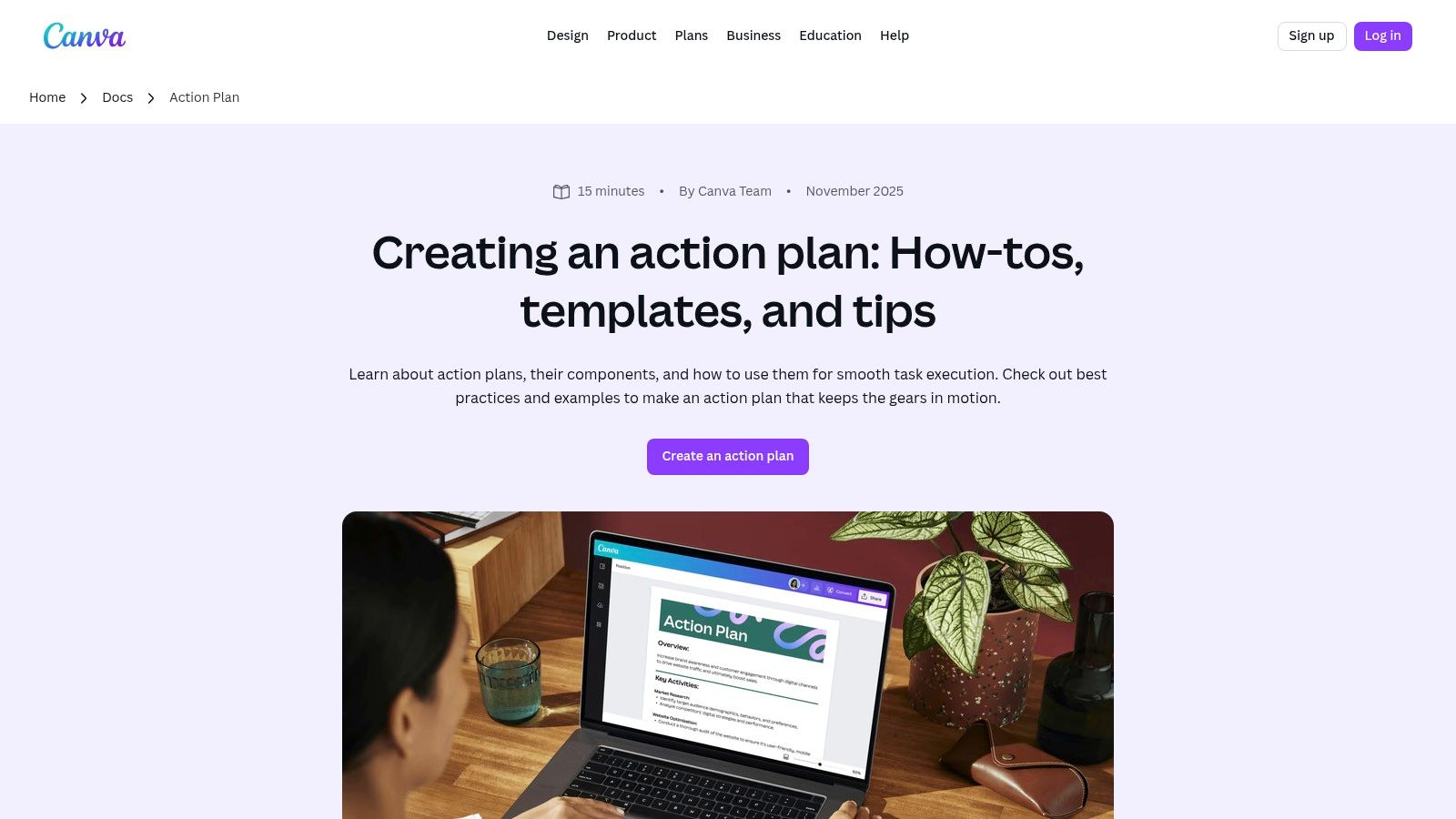 Canva's action plan template library showing a variety of visual designs and layouts.