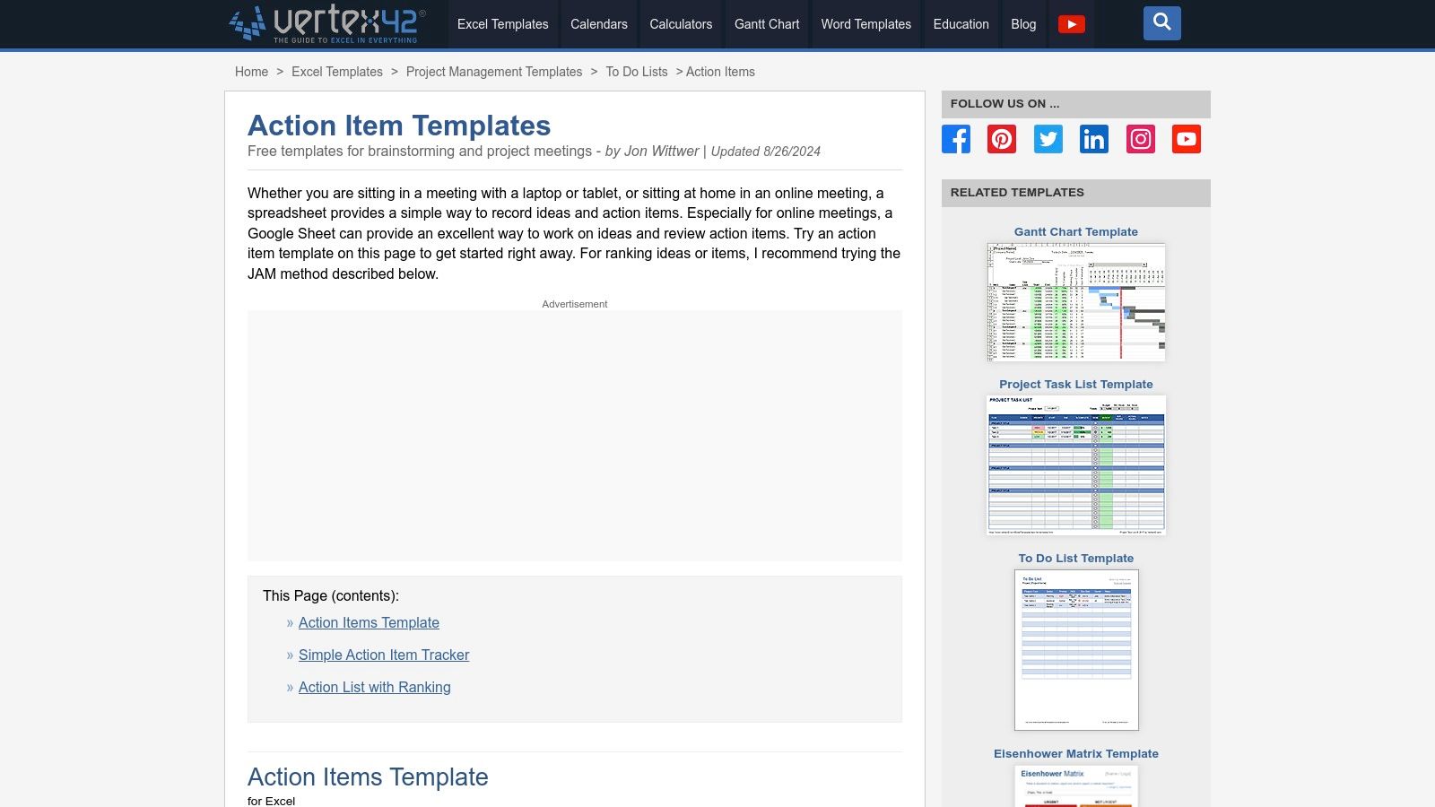 Vertex42's action item template shown in an Excel spreadsheet.