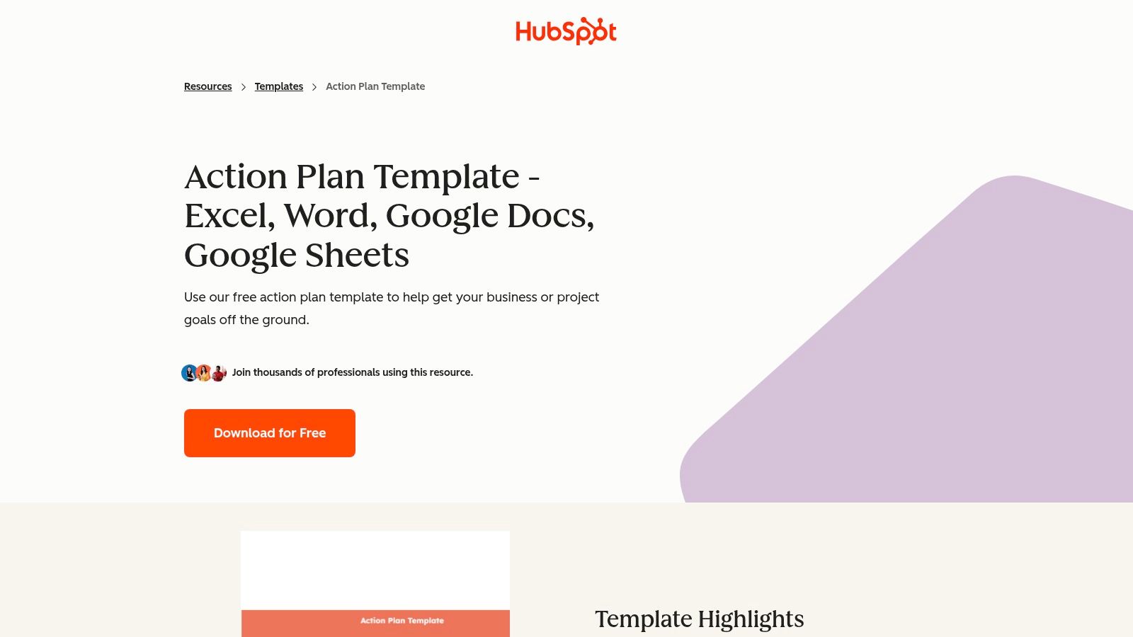 HubSpot's action plan template download page showing options for different file formats.