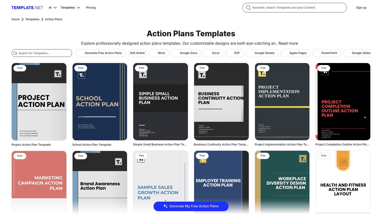Template.net's action plan template library showing multiple designs.