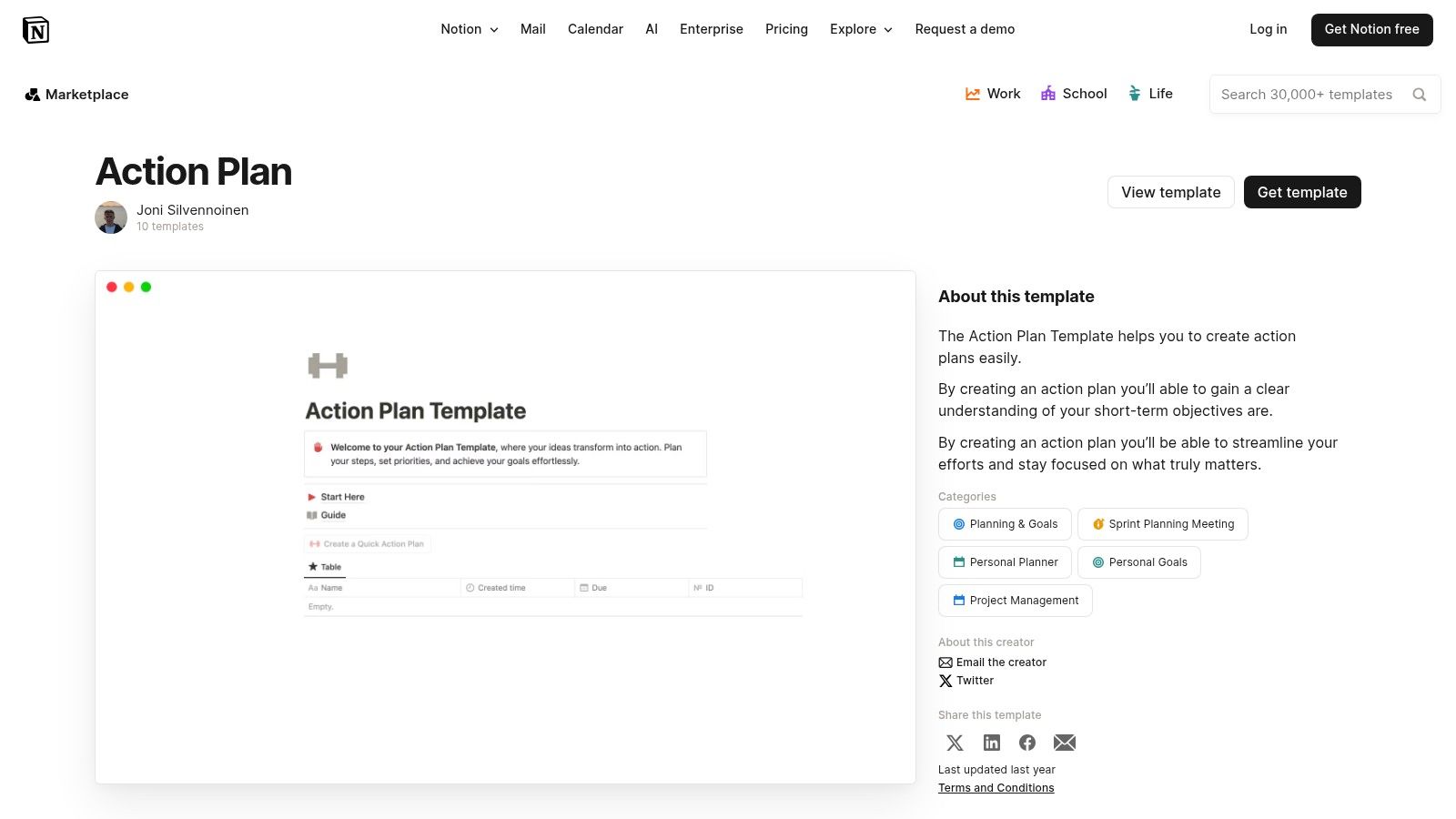 Notion's action plan template displayed within the Notion app interface.