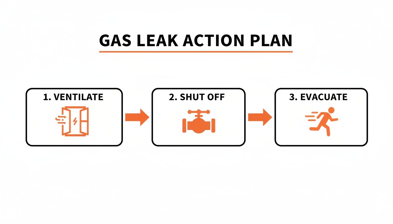Infographic showing a gas leak action plan for homes in Christchurch and Bournemouth.