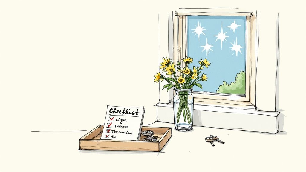 Checklist for preparing a house for sale in Poole, with keys and flowers on a table by a window.