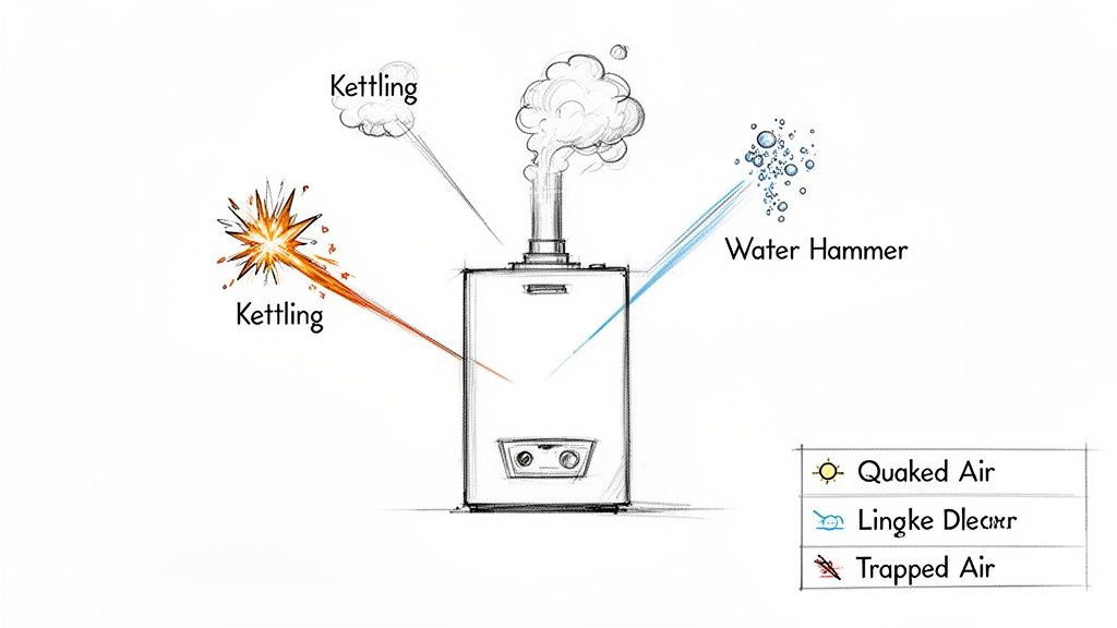 A diagram illustrating common boiler noises like kettling and water hammer, for homes in Highcliffe, Bournemouth, and Southampton.