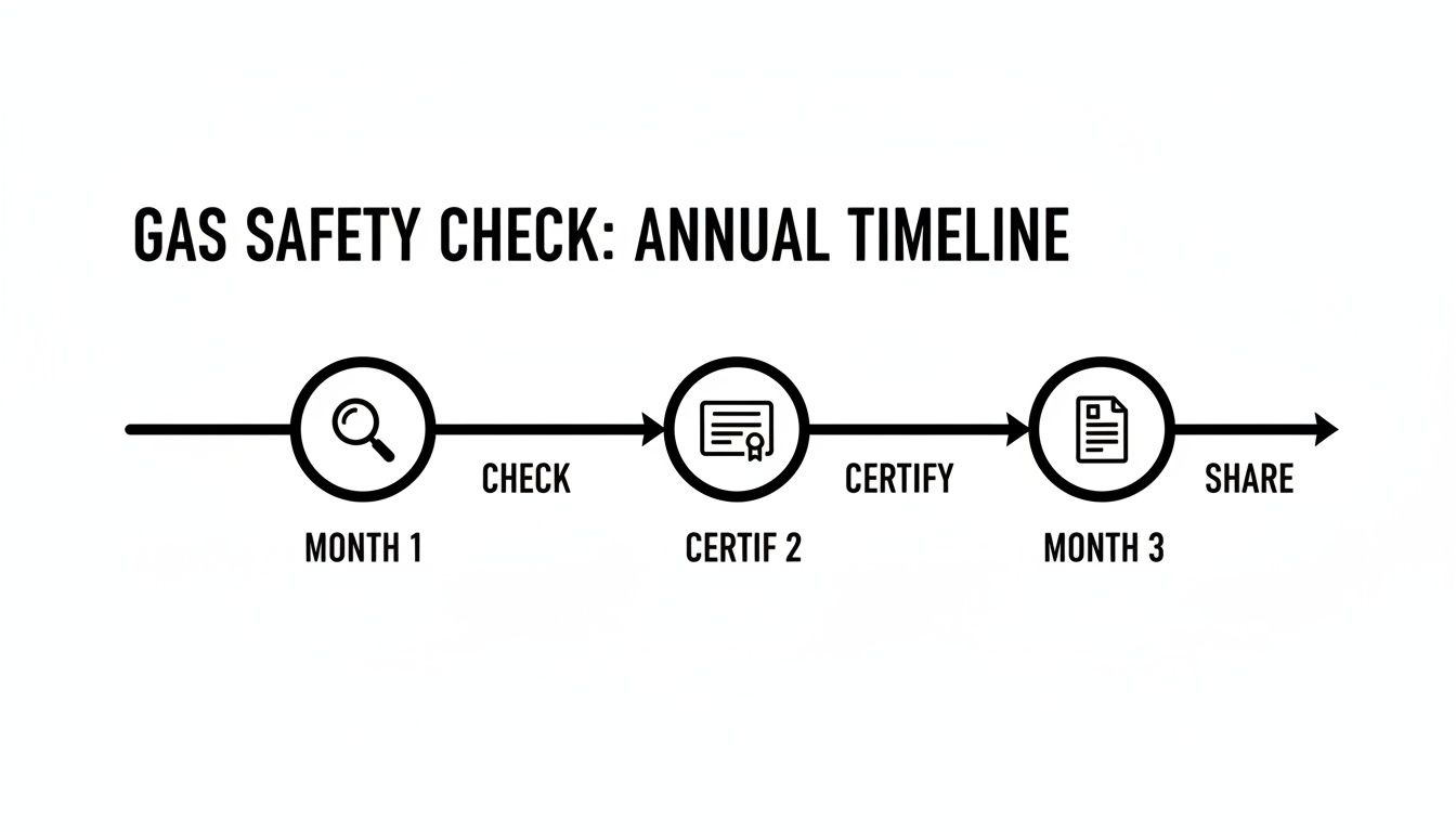 A timeline in Southampton showing the annual process for Landlord Gas Safety Certificate compliance.