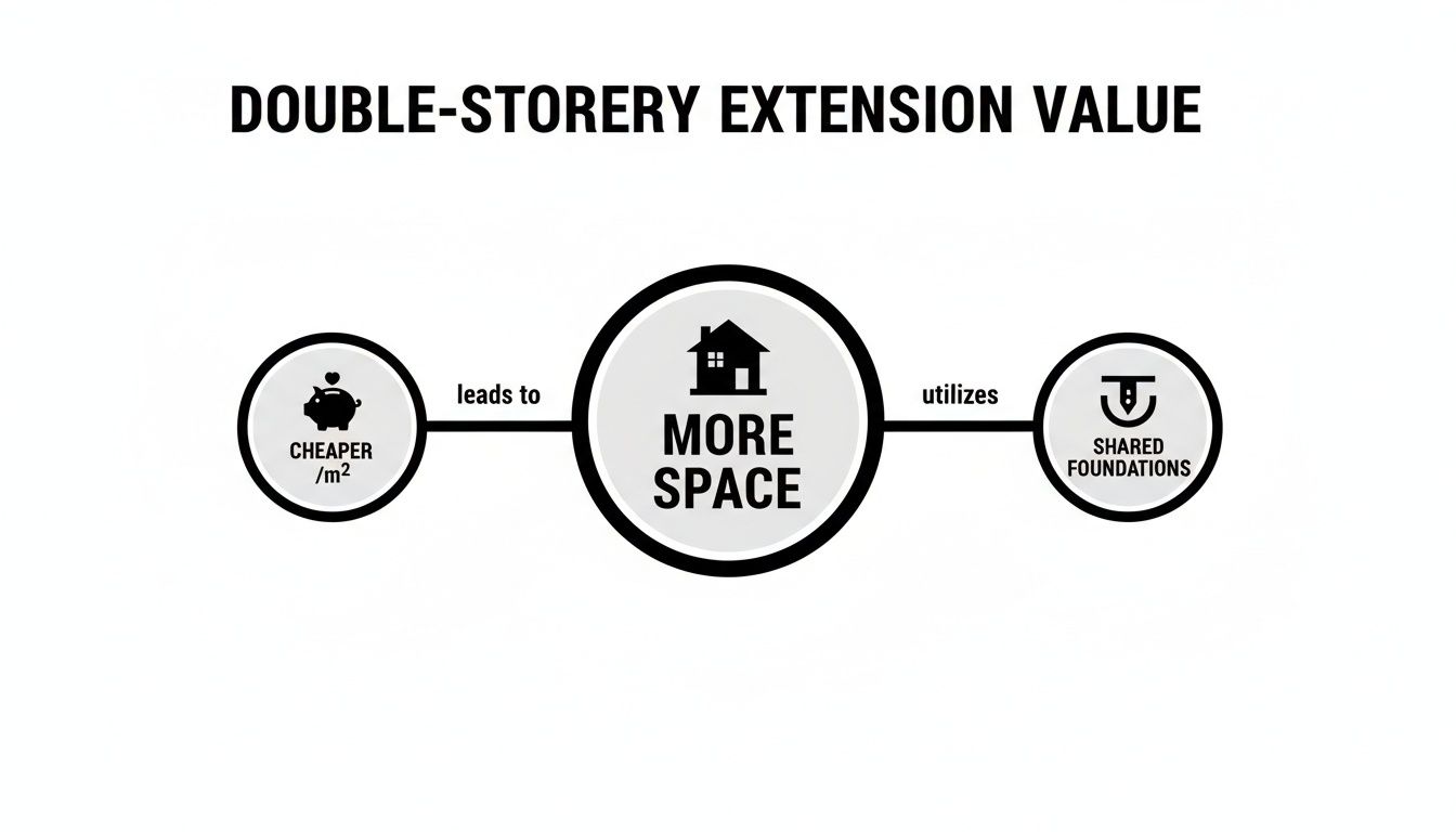 Diagram showing the value of a double-storey extension in Poole, highlighting cheaper per square meter costs from shared foundations.