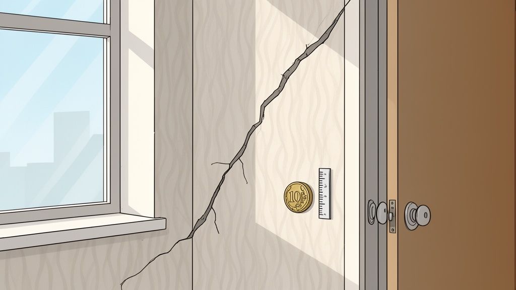 A severe crack in a Bournemouth property, with a 10-cent coin for scale, showing signs of subsidence in houses.