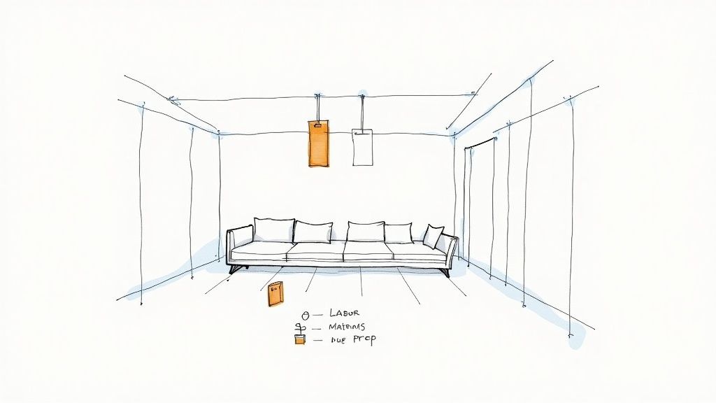 A minimalist sketch of a room with a sofa, two pendant lights, and a project cost breakdown.