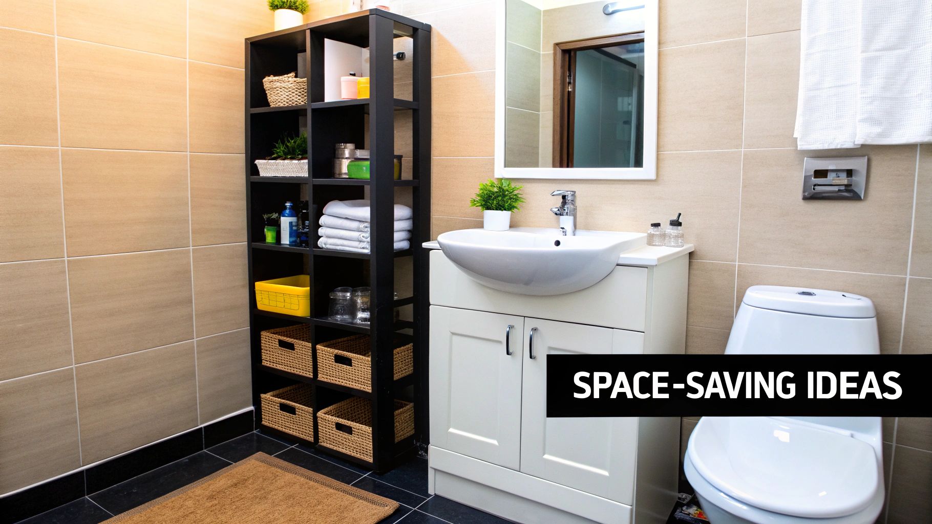 Bathroom with beige tiles, sink, and toilet. Black shelf holds towels and baskets. Text reads "SPACE-SAVING IDEAS" in bold letters.