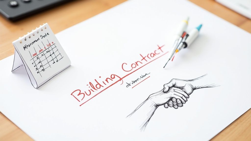 A builder and homeowner discuss plans on a construction site in Ringwood or Bournemouth.