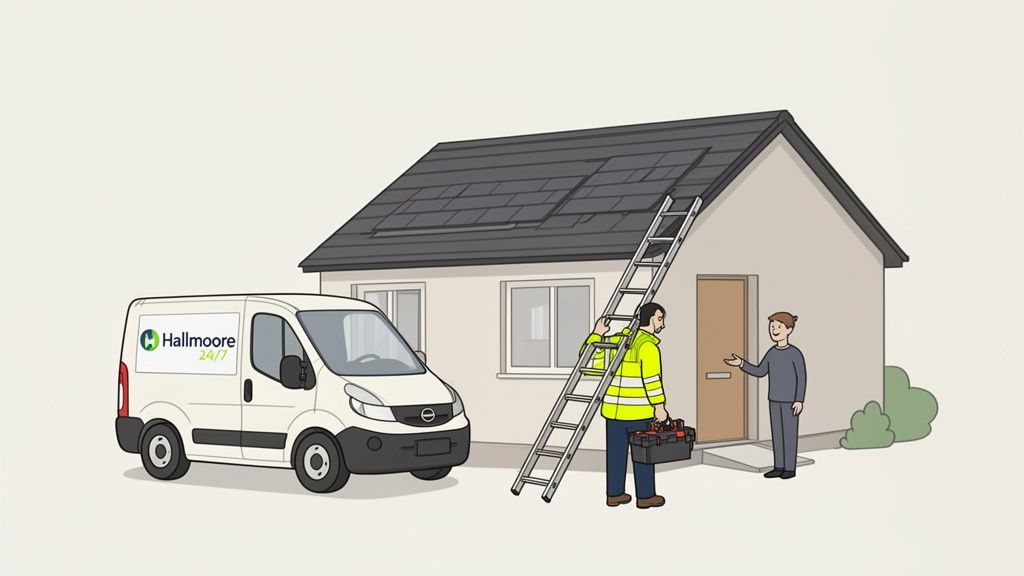 A Hallmoore technician arriving in Highcliffe for an emergency roof repair service call in Christchurch.