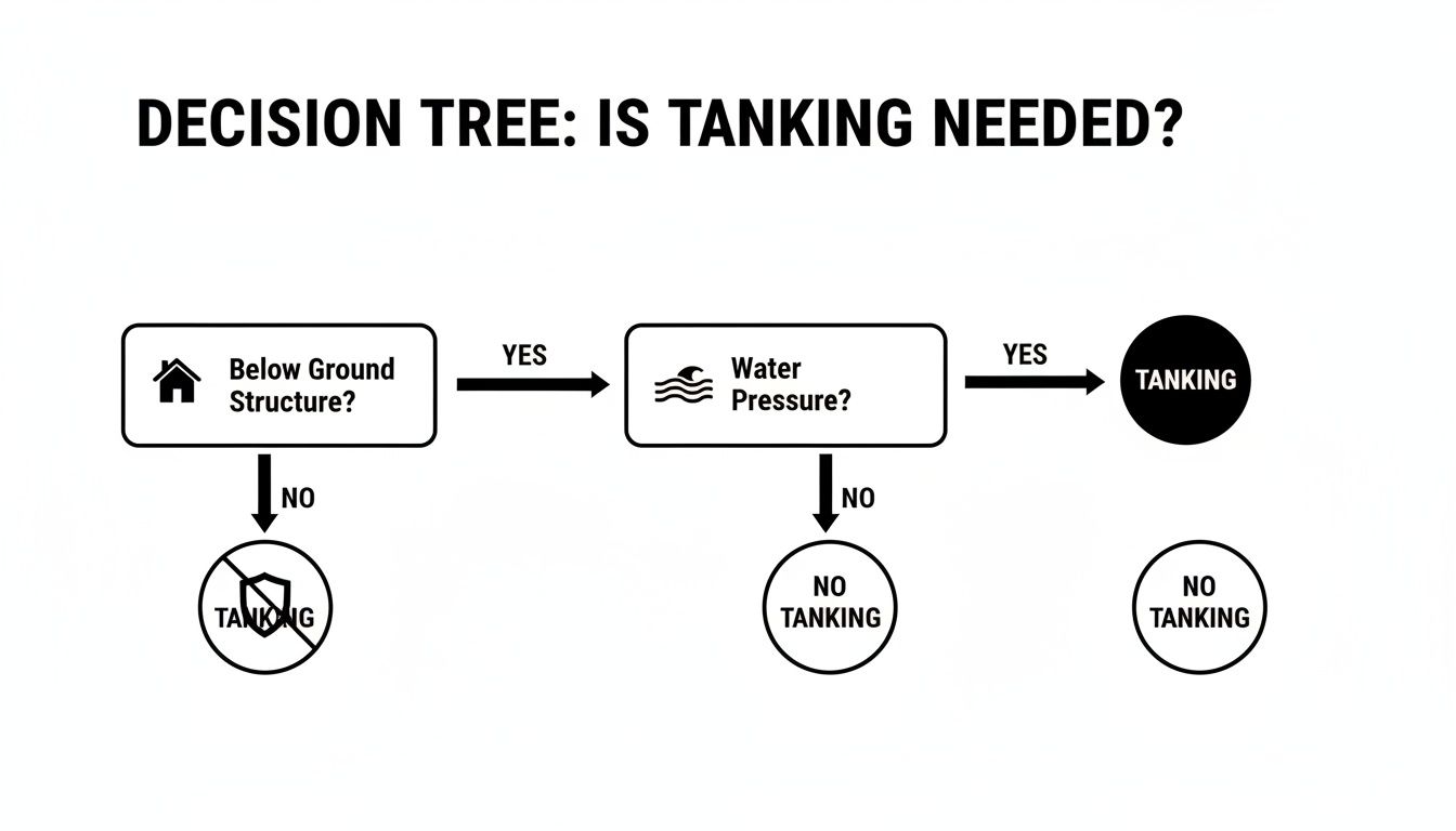 Decision tree flowchart for a Bournemouth property determining if tanking is needed for below-ground structures based on water pressure.