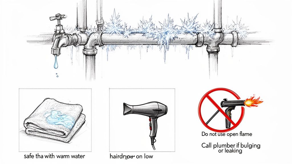 Illustration showing how to thaw frozen pipes in Christchurch using warm water or a hairdryer.