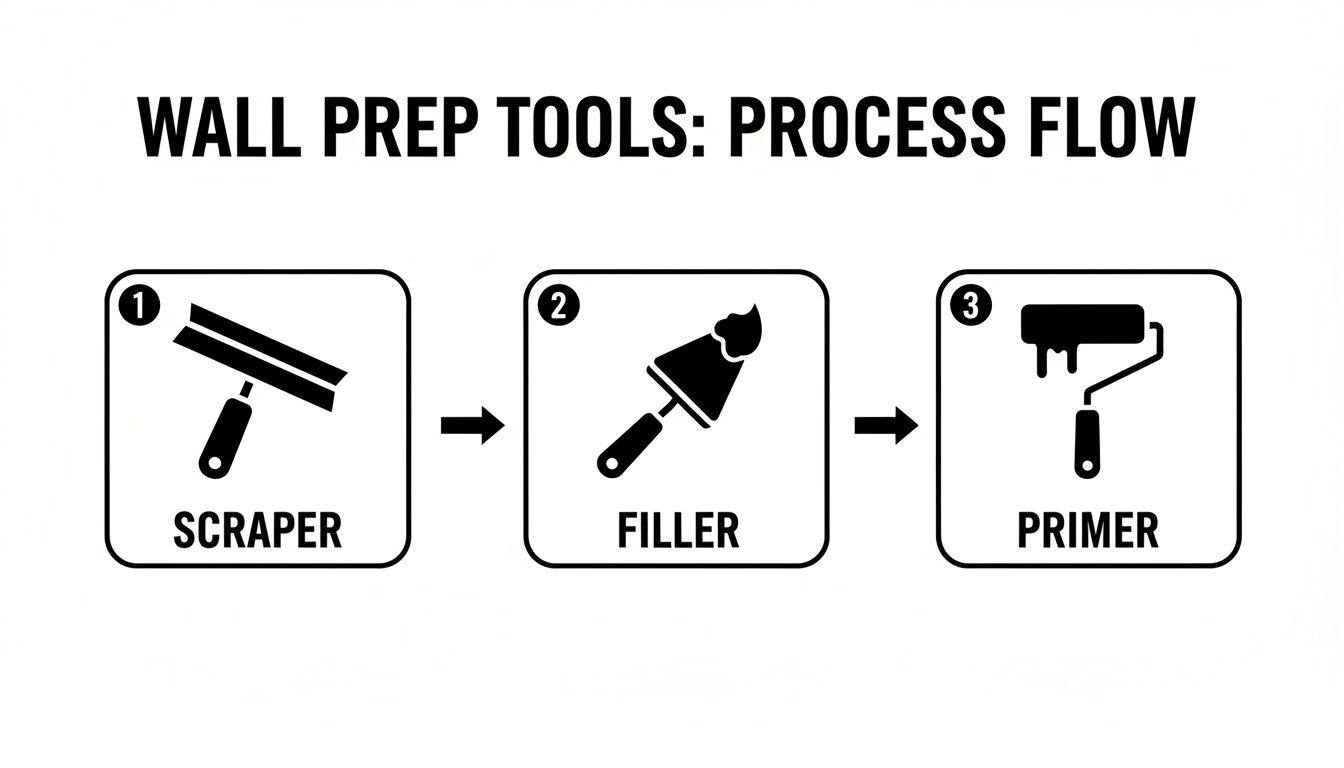 A flow chart of plastering prep tools for a project in Poole, featuring a scraper, filler, and primer.