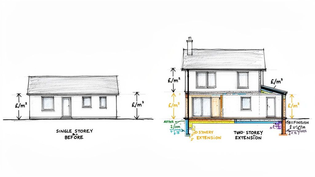 A diagram in Poole comparing a single-storey house before renovation and a two-storey house after, showing cost per square meter.