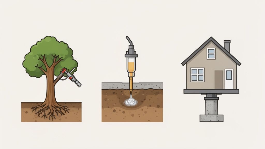 Illustrations showing subsidence repair methods for Christchurch homes, including ground injection and tree management.