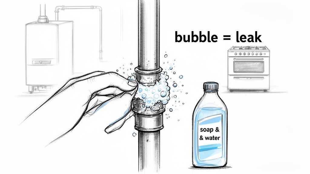 A hand applies soap and water to a pipe joint, creating bubbles to detect a gas leak in Poole.