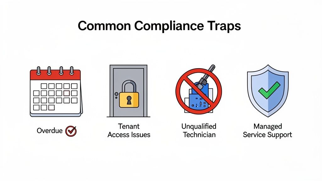 An infographic illustrating common gas safety certificate requirements traps in Poole: overdue tasks, tenant access issues, unqualified technicians, and managed service support.