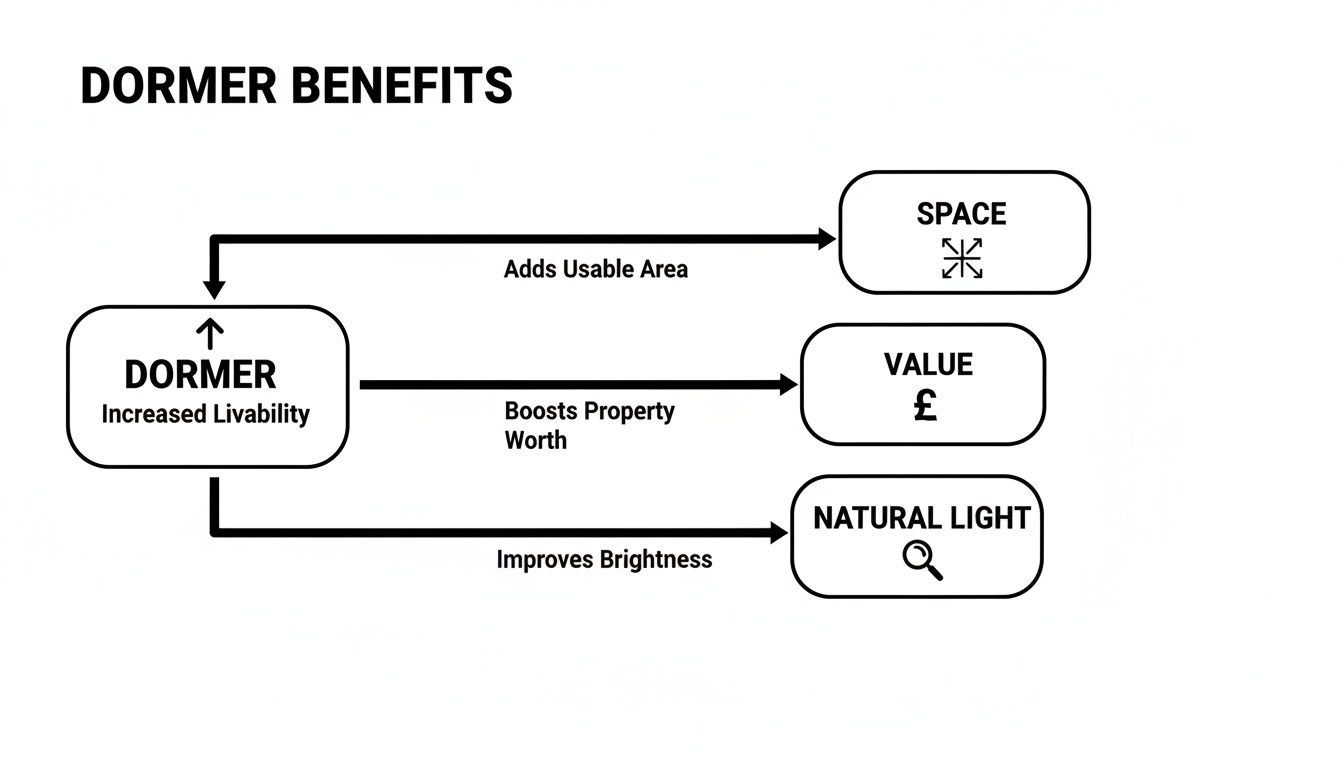 Flowchart of dormer benefits for a property in Bournemouth, including livability, added space, and property value.