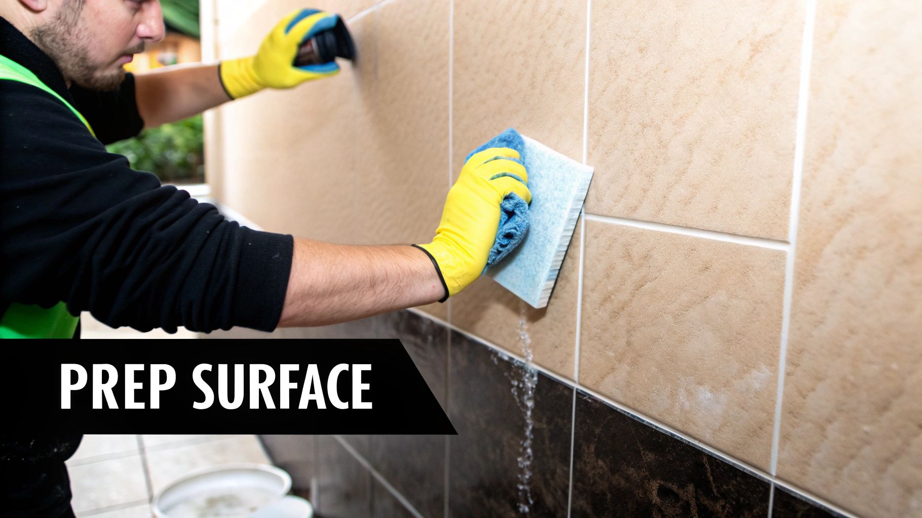 Person in yellow gloves cleaning tiles; water drips down. "PREP SURFACE" text overlays. Bright, focused mood with tiled background.