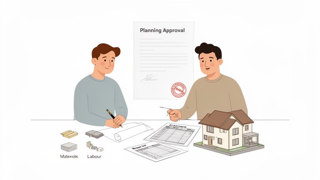 Two men discussing a house building project in Christchurch.