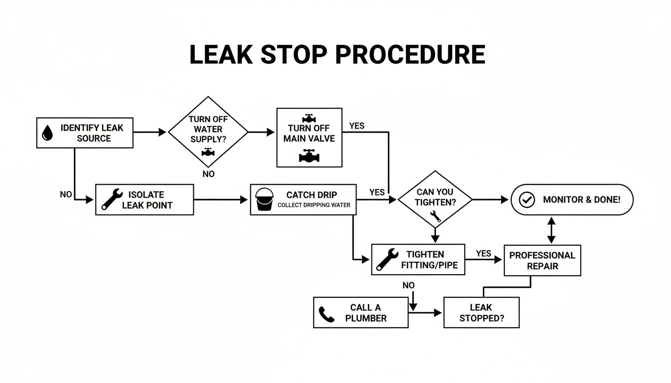 A flowchart showing how to stop a radiator leak in Bournemouth, from identification to professional repair.