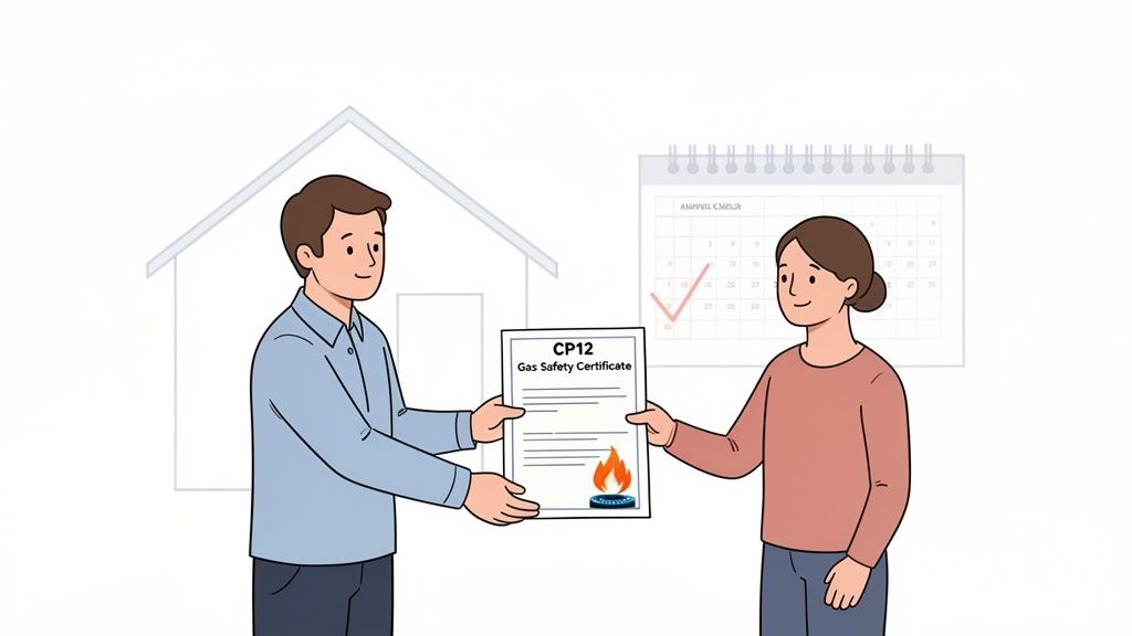A man hands a Gas Safety Certificate (CP12) to a woman, symbolizing annual property checks in Bournemouth.