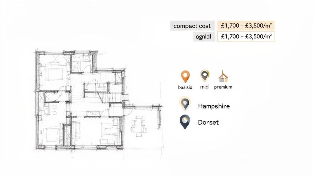 Floor plan sketch with estimated costs for house extension and location options like Highcliffe and Bournemouth.
