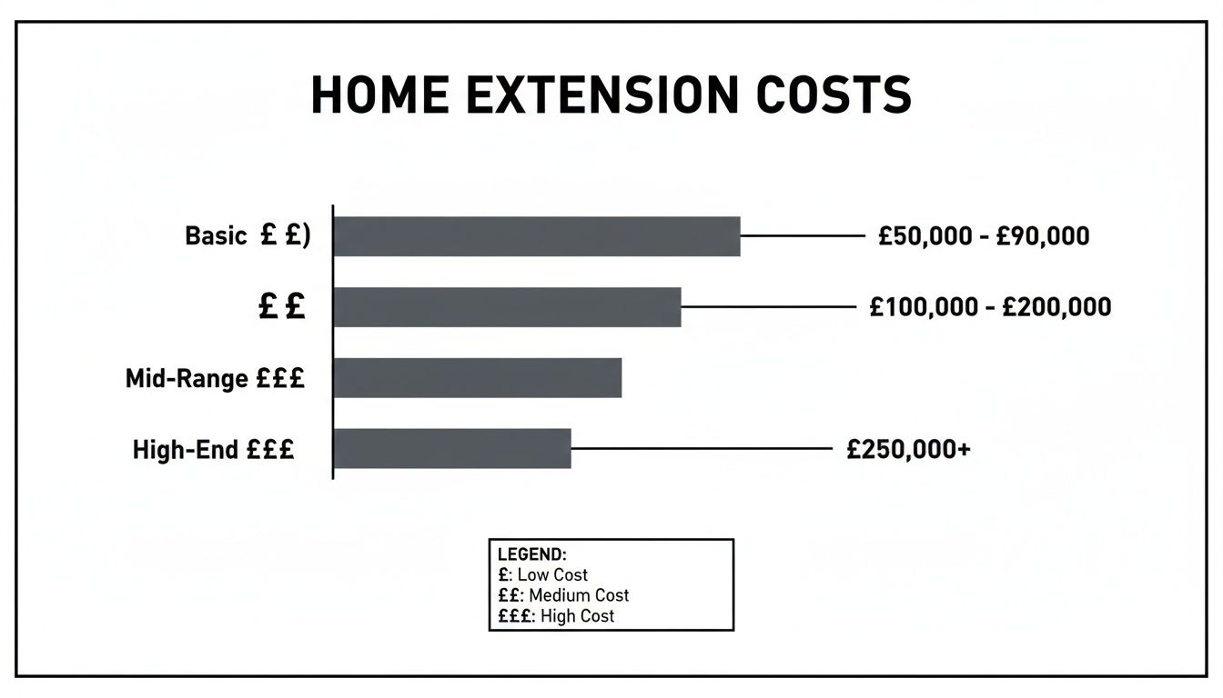 A bar chart illustrating home extension costs in Highcliffe and the UK, categorized by basic, mid-range, and high-end.