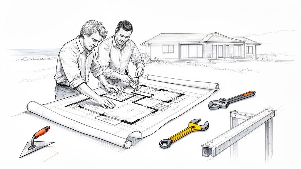 A whole house renovation in Highcliffe planned on blueprints with construction tools.