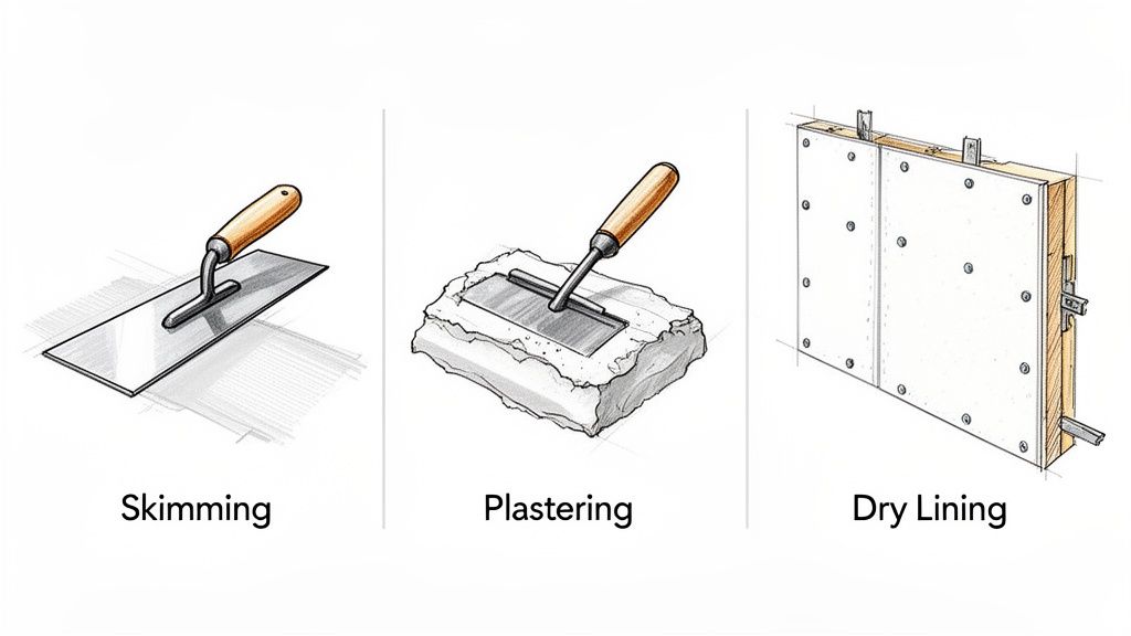Comparing plastering methods in Poole: skimming, full plastering, and dry lining.