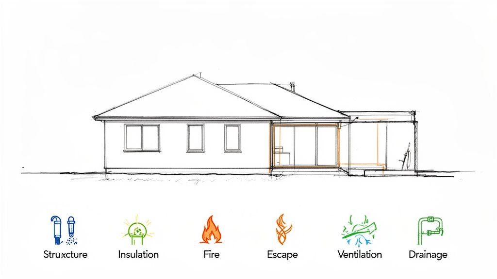Architectural drawing of a single-story house with an extension, illustrating building regulation categories in Bournemouth.