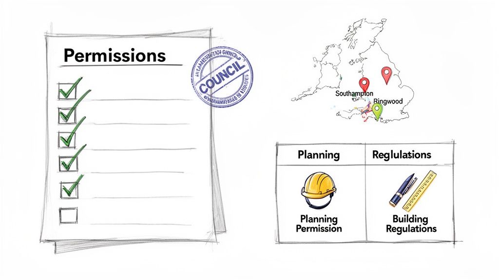 A checklist of permissions with a council stamp, map of UK with Southampton and Ringwood, and table for planning and building regulations for house extensions hampshire.