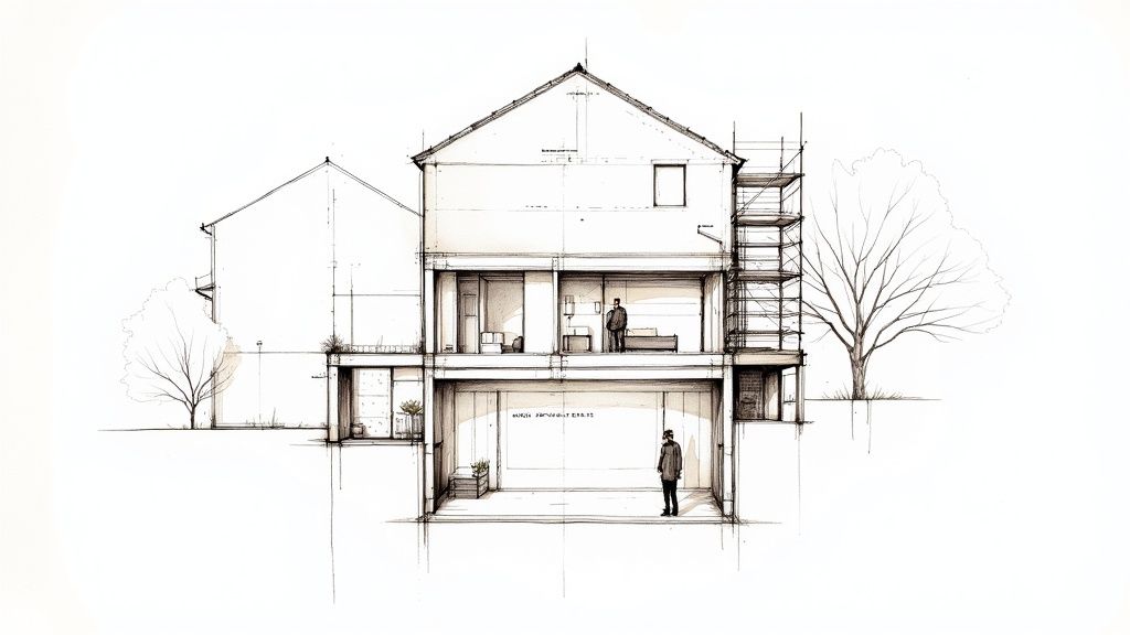 Detailed architectural cross-section of a two-story house for a Christchurch extension, with basement and scaffolding.
