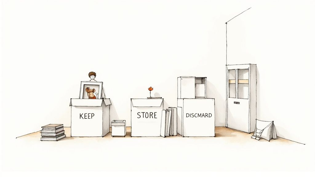 Sorting boxes for a move to prepare a house for sale in Christchurch, labelled KEEP, STORE, and DISCARD.