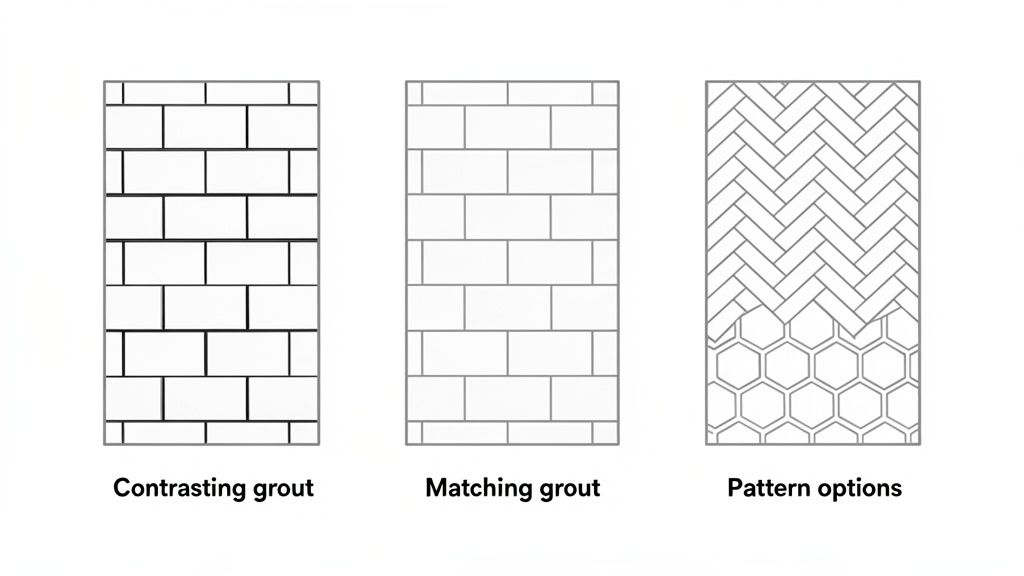 Diagrams illustrating tile patterns in a Christchurch home with contrasting grout, matching grout, and various pattern options like herringbone and hexagon.