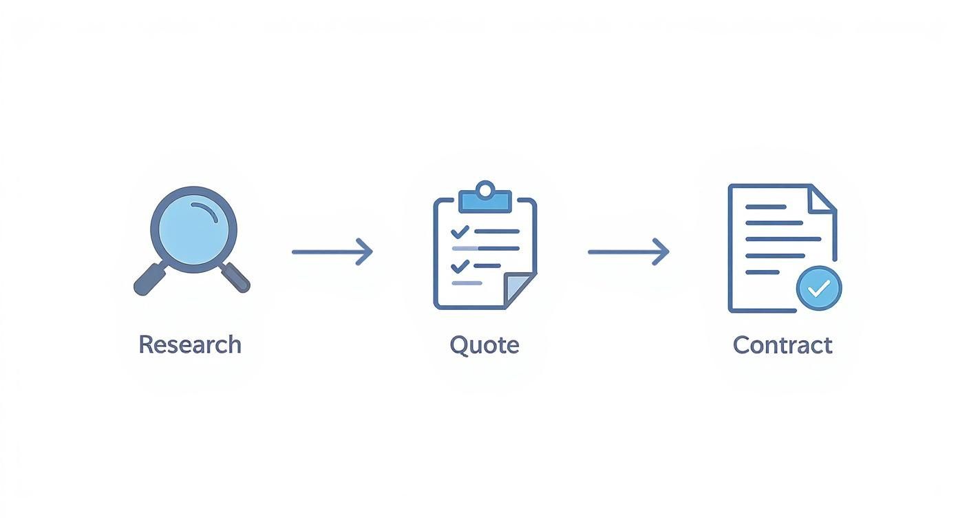 Infographic showing the timeline for choosing a build partner in Southampton, with icons for Research, Quote, and Contract.