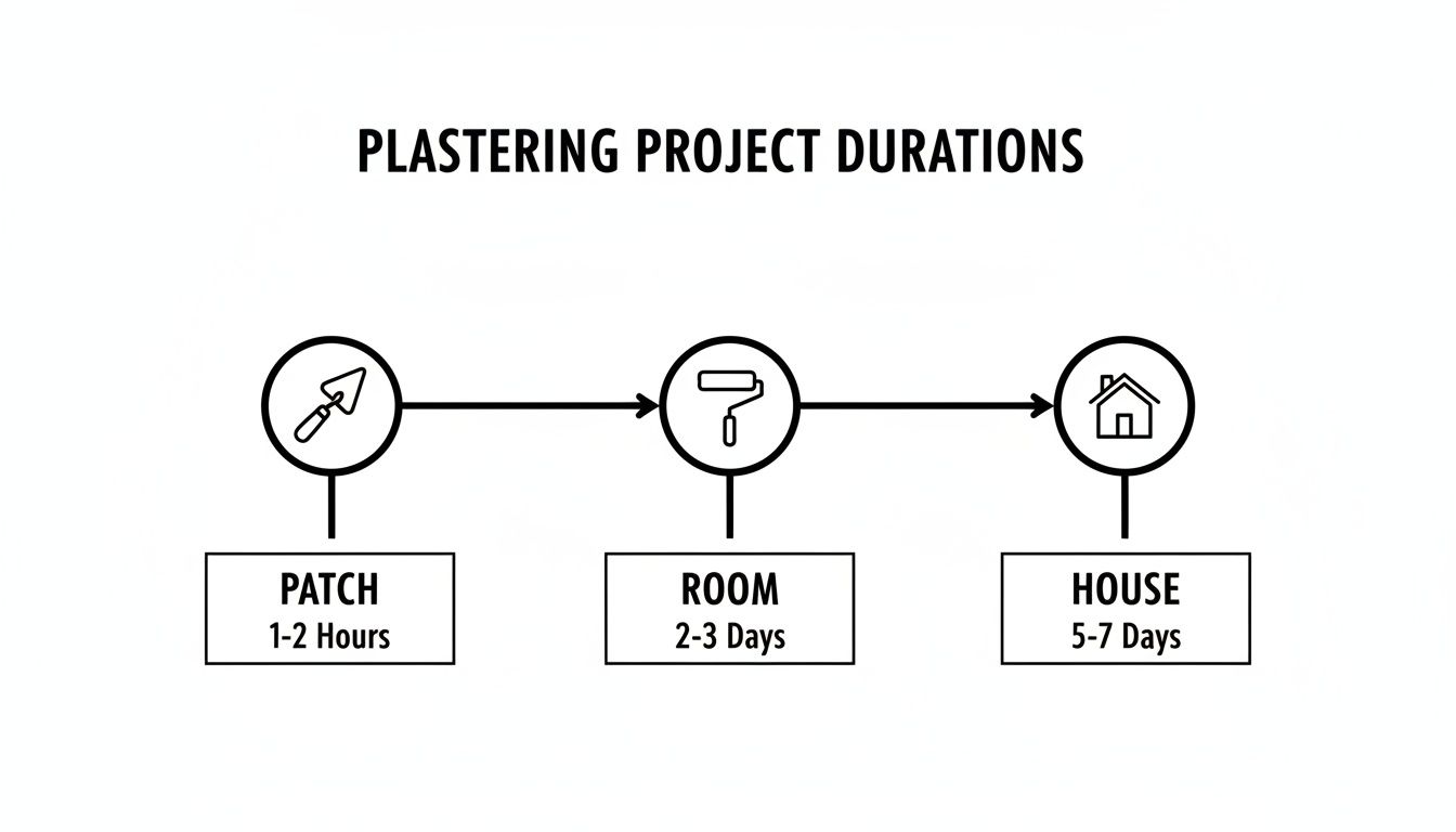 A diagram illustrating plastering project durations for patch, room, and whole house, with estimated times, featuring locations like Highcliffe and Bournemouth.