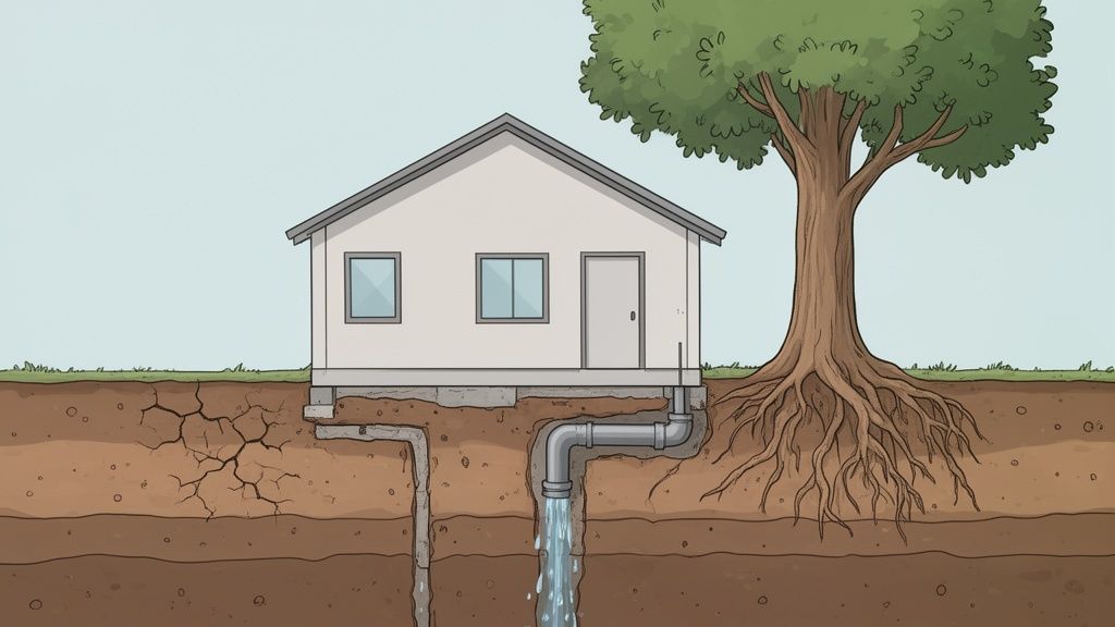 Cross-section of a house foundation showing cracked soil, a leaking pipe, and tree roots, indicating potential subsidence in a Highcliffe home.