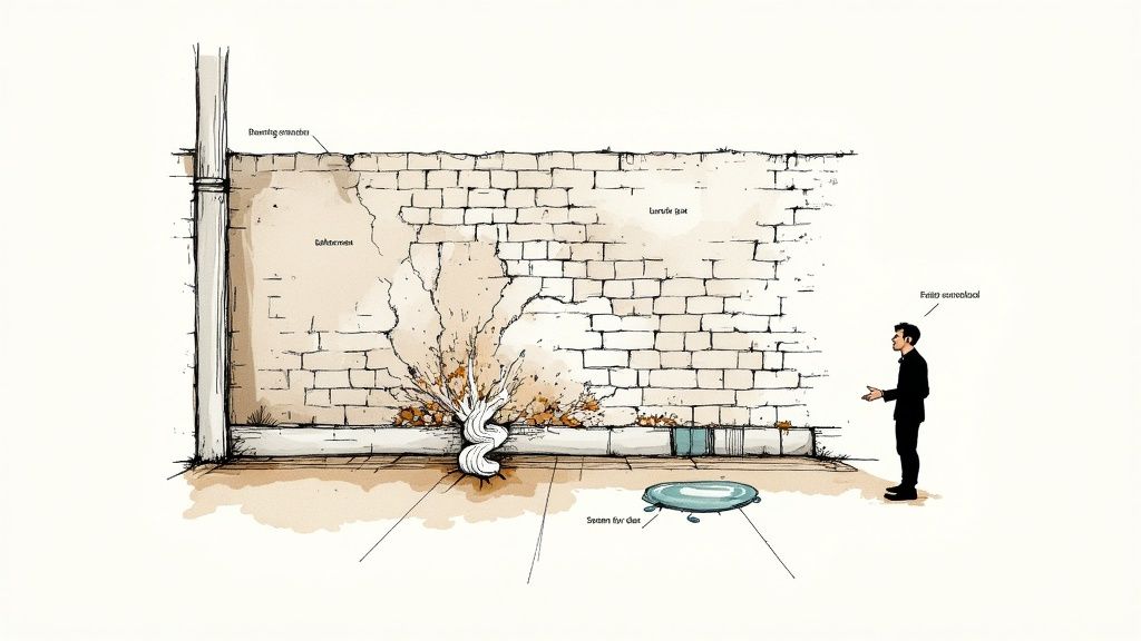 An illustration shows a damp, cracked brick wall with plant growth at a Southampton property, observed by a man.
