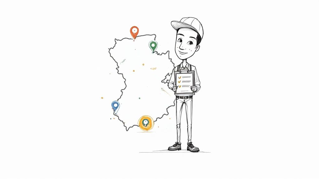 Illustrated man with a cap and clipboard, standing by a map showing multiple colorful location pins, representing logistics.