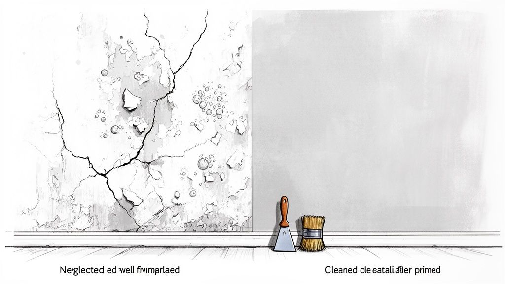 Plaster preparation in a Highcliffe home showing a clean, primed wall next to a cracked one.