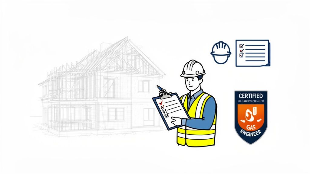 An illustration of a certified Gas Safe engineer inspecting a house under construction in Bournemouth.
