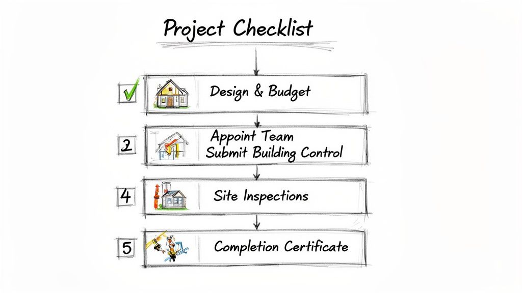 A hand-drawn project checklist flowchart outlining steps for construction in Highcliffe, including design, team, inspections, and completion.