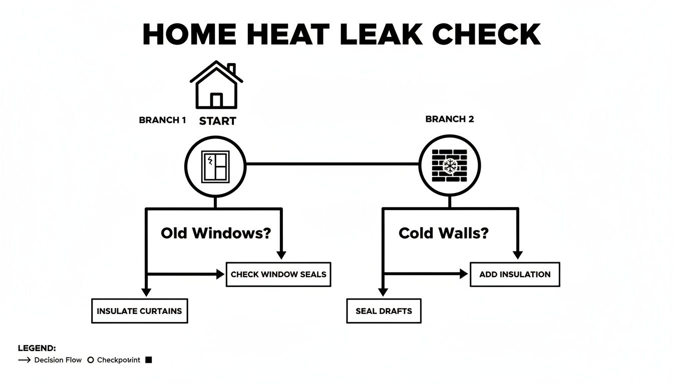 A flowchart showing how to check for heat leaks in a Christchurch home's walls and windows.