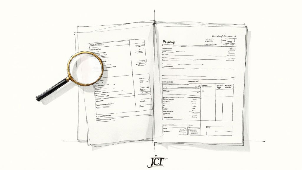 A builder and a client reviewing a contract and building plans on a construction site.